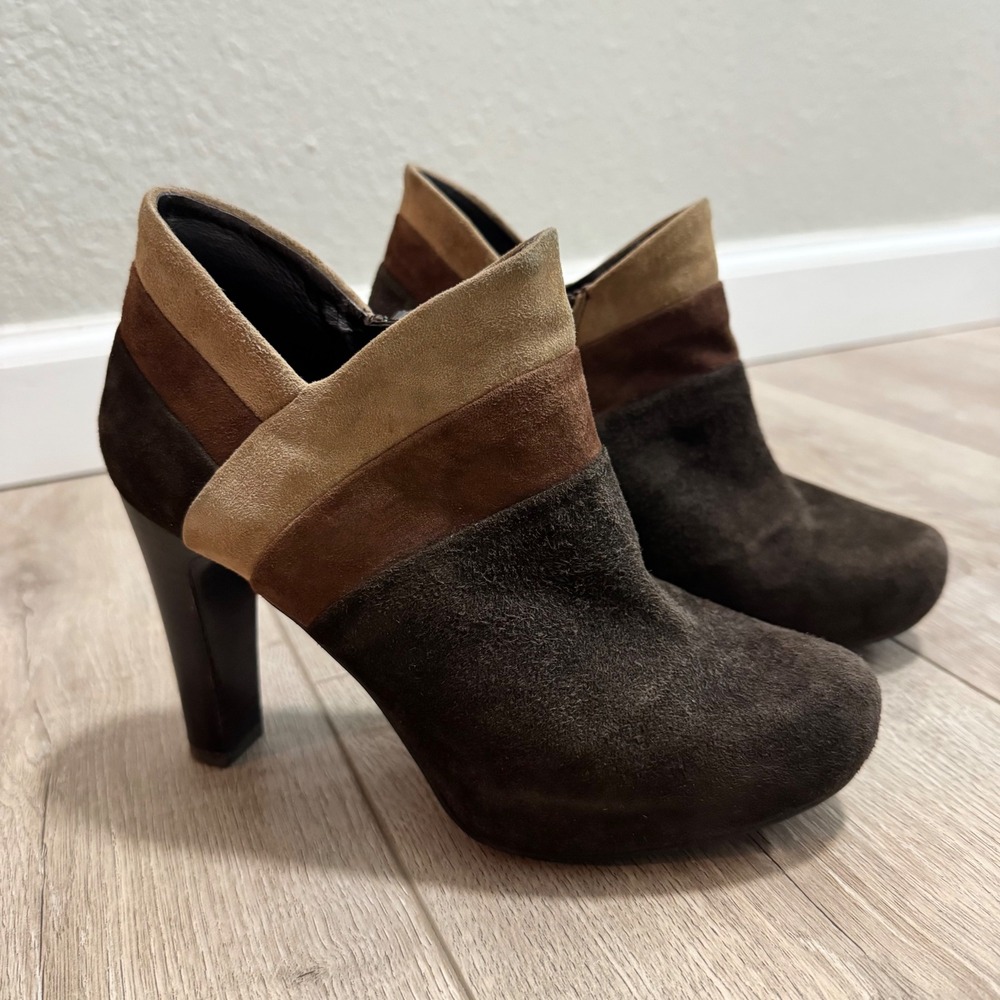 Martinelli Spain Suede Ankle Booties EU 35 Brown Tan Colorblock High Heel Zip